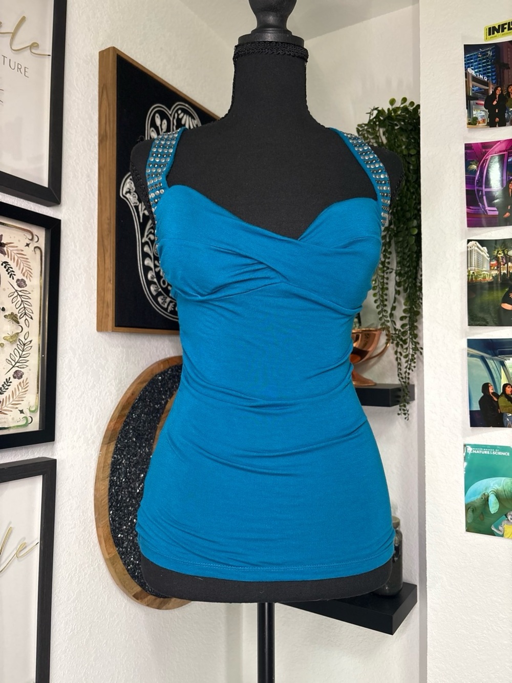 Vintage Bebe Top Y2K Blue Ruched Cross Front Stud Embellished Cami Tank Si